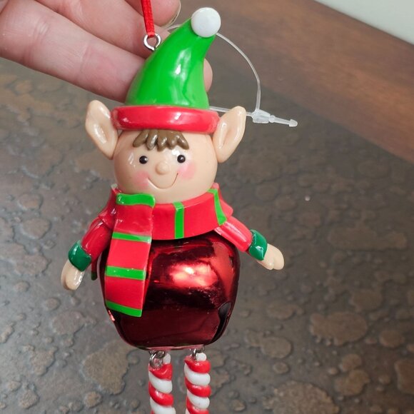 Christmas Elf Ornament Metal Bell Red Green Striped Scarf Holiday Dangling Legs - Picture 2 of 8